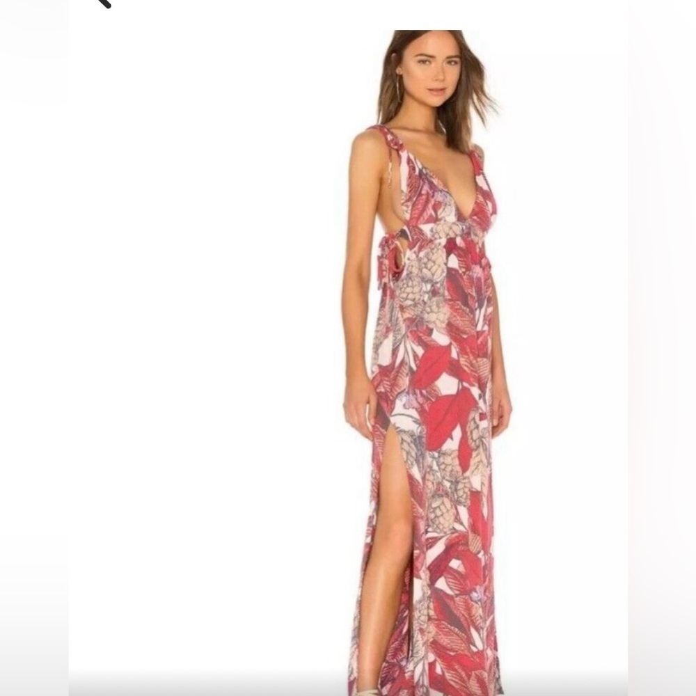 Women's Red Tropical Print Tie-Shoulder Cover Up Maxi Dress